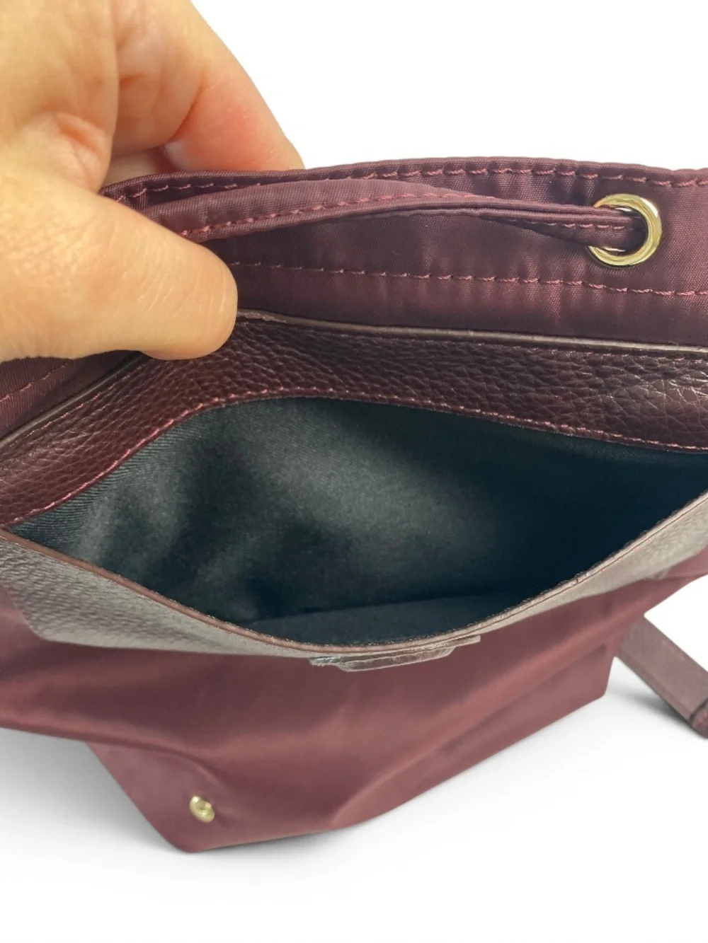 Levenger Burgundy Nylon Leather Backpack Drawstring Lightweight Travel Work Bag